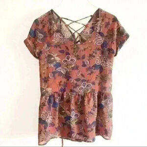Xhilaration sheer floral print peplum shirt sz sm